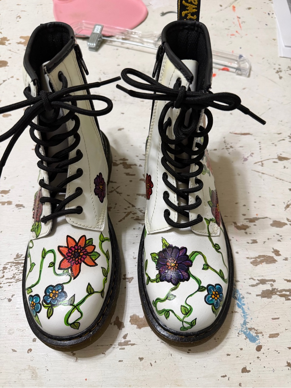 Doc Martens White Floral Women's boots 7 custom painted by artist never worn